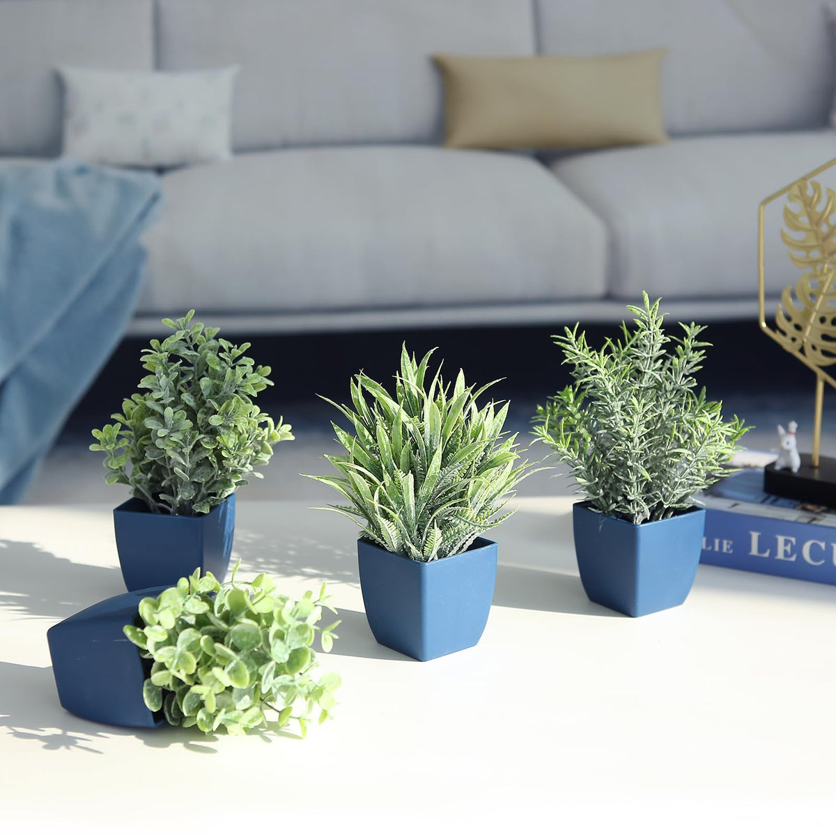 summer flower Set of 4 Fake Plants in Pot Small Artificial Eucalyptus Potted Plant Mini Wheat Grass Ferns Faux Greenery for Home Indoor Office Table Bathroom Farmhouse Decorations Blue