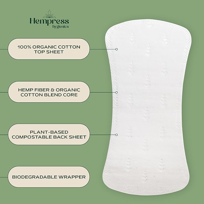 Hempress Panty Liners for Women, 120 Count, Feminine Care Organic Pads, Light Absorbency Comfortable Discreet Pantiliners, Cotton Menstrual Sanitary Napkins, Fragrance Free, Skin Friendly & Breathable