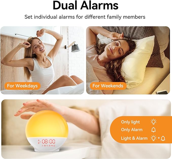Wake Up Light, Sunrise Alarm Clock with 10,000 Lux Therapy Light, White Noise Sound Machine with Sleep Aid, 11 Atmosphere Lights, Dual Alarm & Snooze Function