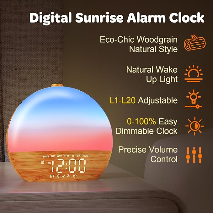 White Noise Sound Machine: Wood Grain, 30 Sleep Sounds, Bluetooth, Sunrise Alarm Clock with Dual Alarms, Adjustable Brightness,Wake-Up Light, Ideal for Bedroom, Office, Kids & Adults