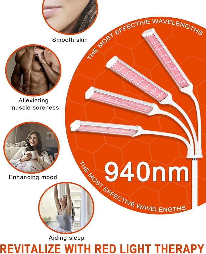 Red Light Therapy Lamp for Body Treatment with Adjustable Height Stand, 660nm, 850nm,940nm Alleviate Muscle Soreness, Stand 4Head W
