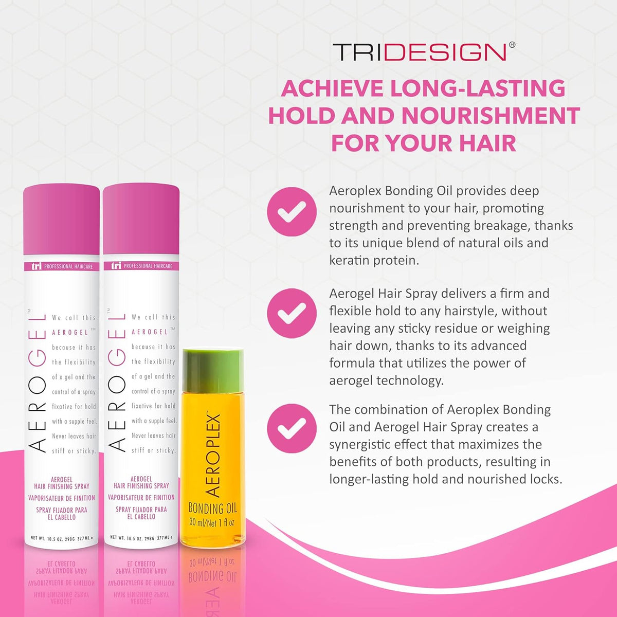 TRI Design Aerogel Hairspray & Aeroplex Bonding Oil Bundle - Hair Finishing Spray for Volumizing, Control, Repair & Prevent Breakage for Dry, Damaged & Frizzy Hair - Pack of 3 (10.5 Oz & 1 Oz)