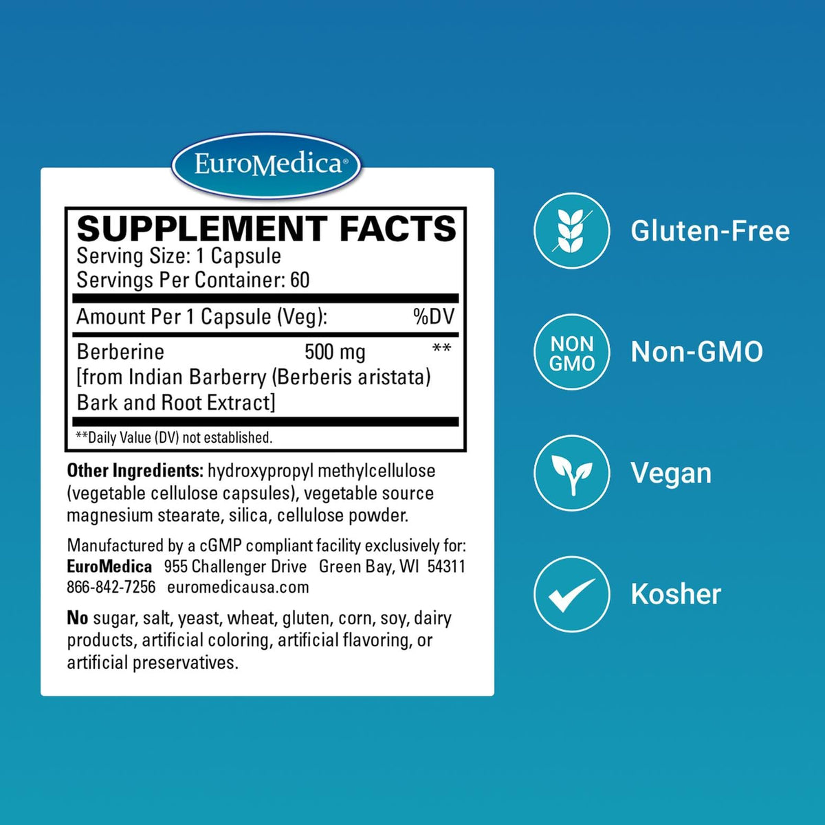 EuroMedica Berberine 500 mg - Brain & Liver Health Support Supplement - Dietary Supplement with Indian Barberry Root Extract - Vegan Capsules for Metabolic Health Support - 60 Capsules