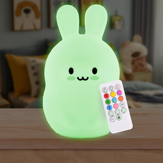 Lumipets Remote Control Silicone Night Light for Kids - Bunny Design with 9 Soft Colors & Sleep Timer - Rechargeable, Battery-Operated Lamp for Bedroom | Baby Nursery, Toddler, Girls, Boys