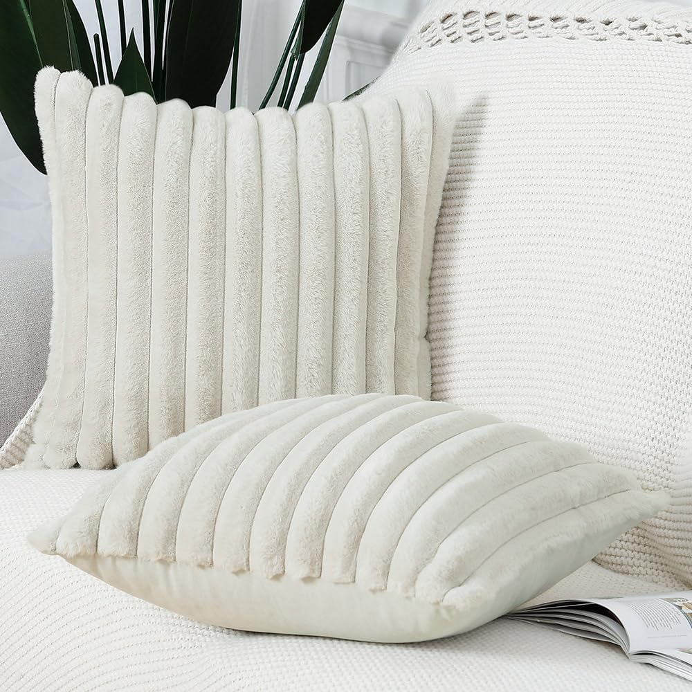 MADIZZ Set of 2 Faux Wool Plush Decorative Throw Pillow Covers 24x24 Inch Greyish White Fluffy Striped Soft Decorative Cushion Cover for Sofa Bedroom Pillow Shell