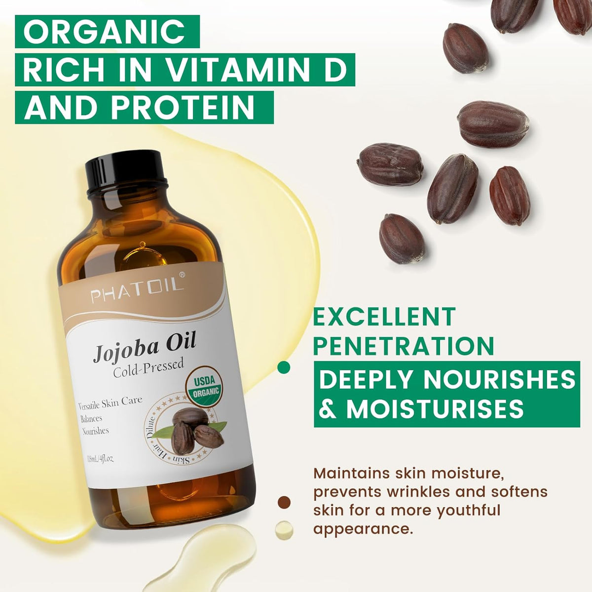 Jojoba Oil Organic Cold Pressed for Face, USDA Certified Premium Grade Jojoba Oil Deeply Moisturizing Carrier Oils for Skin, Face, Nails and Hair Growth, Massage, Essential Oils Mixing(118ML)