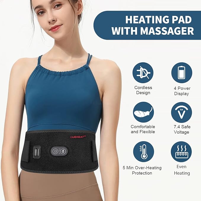 CUEHEAT Heated Waist Belt, Cordless Heating Pad for Low Back, Electrical Heating and Massage, Rechargeable Battery Powered (Black, 53 inches)