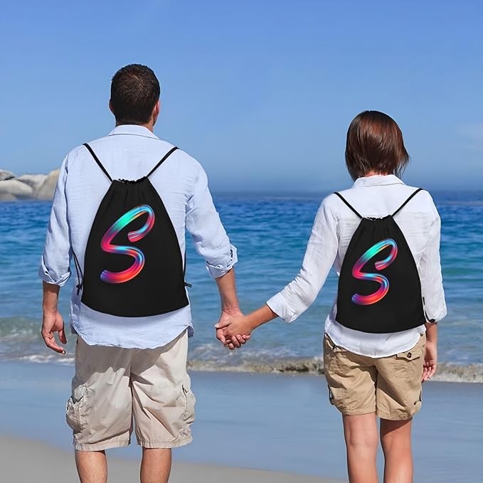 Drawstring Bags Initial Drawstring Backpack Sackpack Black Draw String Cinch Bags for Sports, Gym, Travel, Swimming, Beach, Camping, Rainbow Letter S