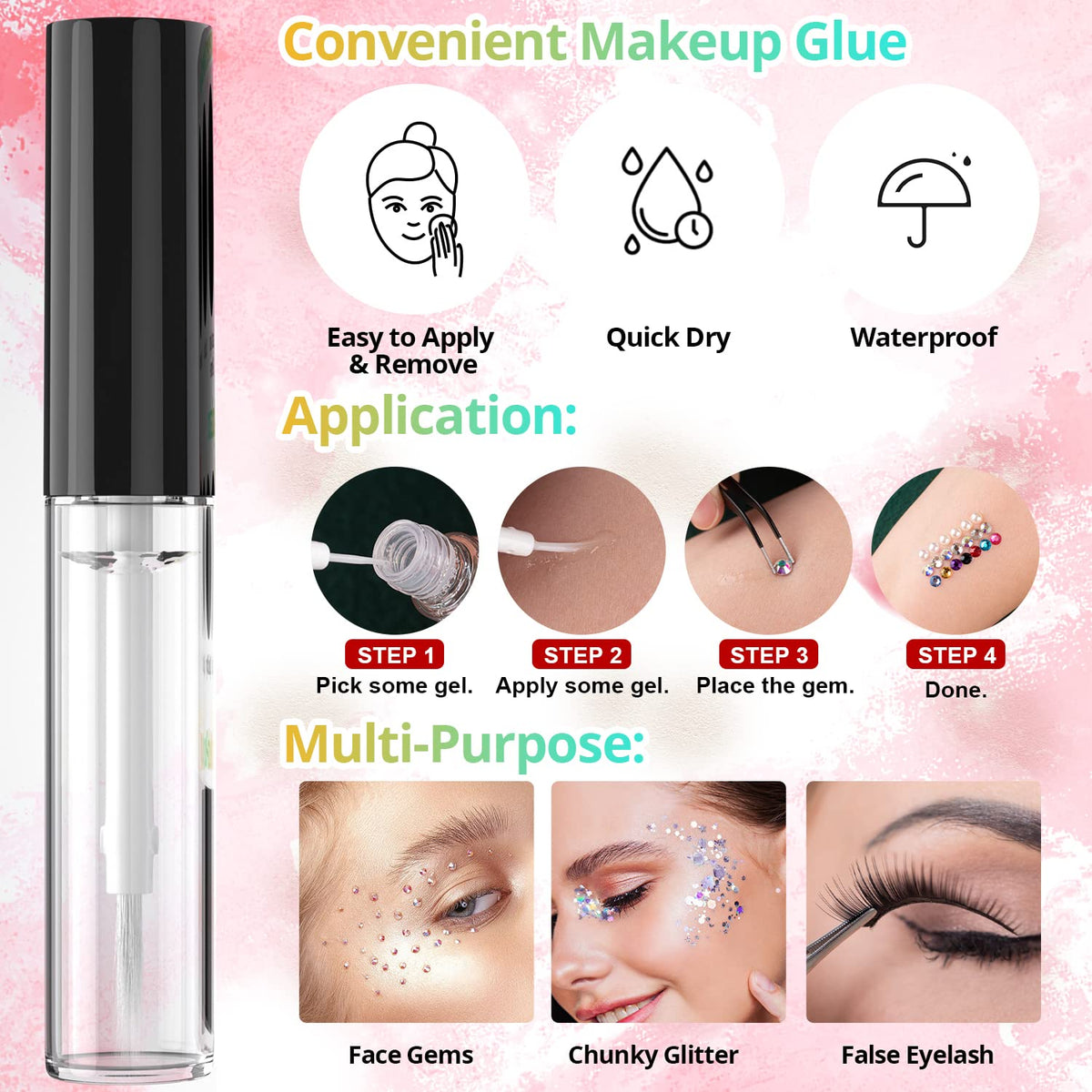 Colorful Flatback Face Gems and Beige AB Pearls for Makeup with Quick Dry Glue, Half Round Pearls Nail Art Rhinestones Glass Crystal Beads for Make-up Deco with Pickup Pencil + Tweezer