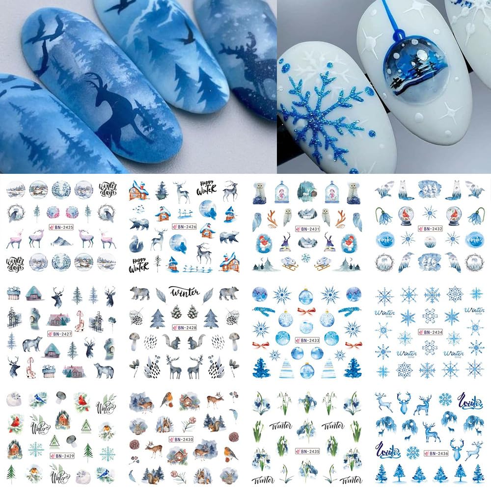 Christmas Nail Art Stickers Snowflake Water Transfer Nail Decals Winter Snow Flake Elk Cold Ice Bear Tree Nail Design Stickers for Nail Art Acrylic Watermark Nail Foils for Christmas Nail Decor 12Pcs