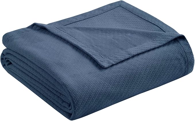 Madison Park Liquid Cotton Blanket Breathable, Softer Ring Spun Weave, Diamond Motif, Luxurious 100% Cotton All Seasons Lightweight Summer Blanket for Bed, Couch, Office, Navy, Twin