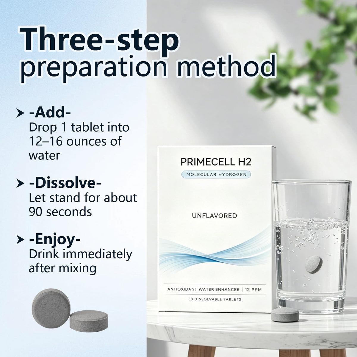PrimeCell H2 Molecular Hydrogen Tablets, 12 ppm – 30 Count