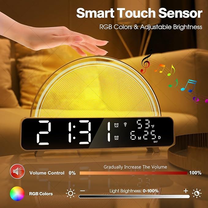 zerain Sound Machine Sunrise Alarm Clock,Gentle Wake Up Light,Toddler Sleep Trainer,White Noise Soother,Custom Sleep Program Auto Brightness Adjustment,Smart Light 99 Color (White)