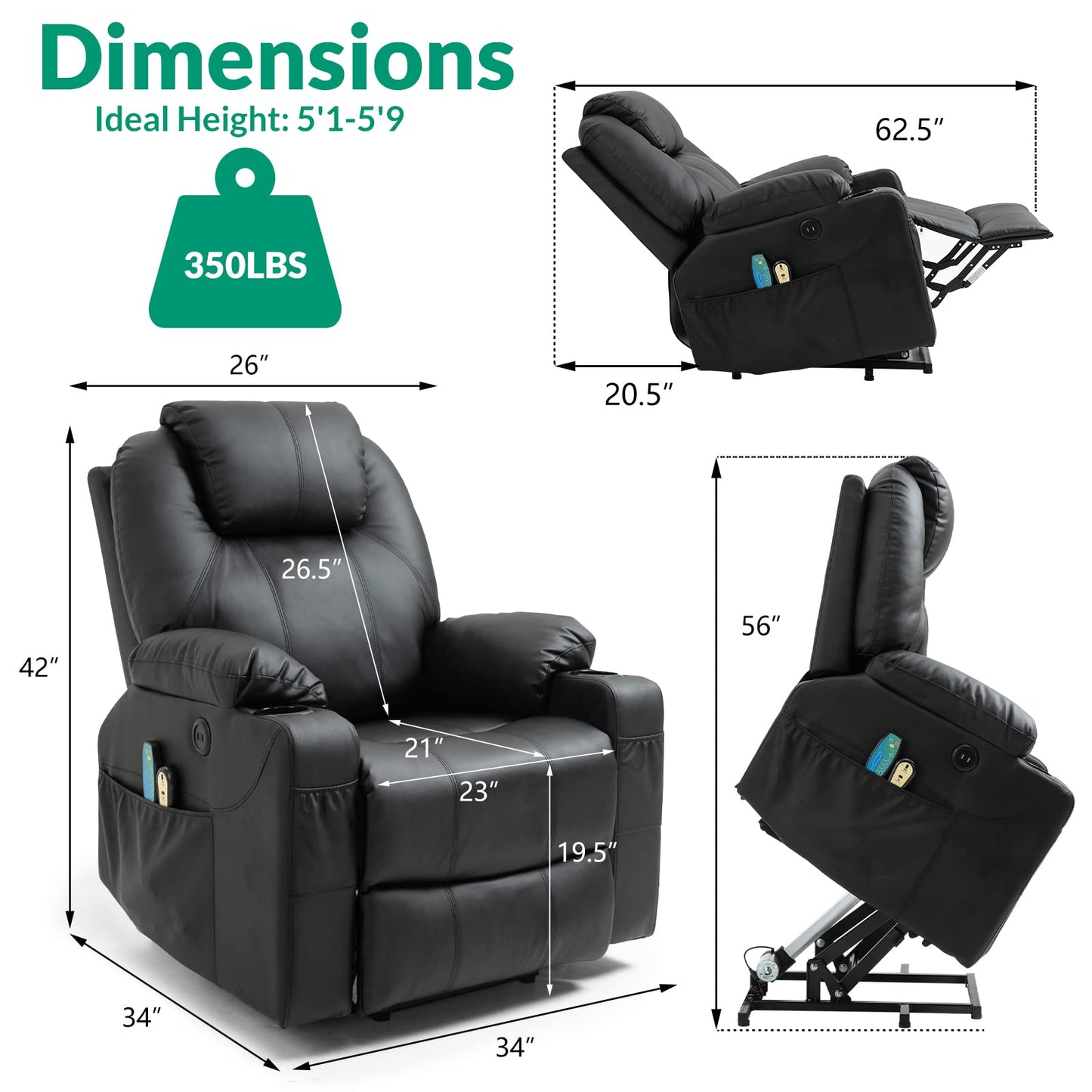 VIVIJASON Power Lift Chair Electric Recliner for Elderly Heated Vibration Massage Faux Leather Recliner Chair with 2 Remote Controls, Cup Holders, Side Pockets & USB Ports for Living Room (Black)