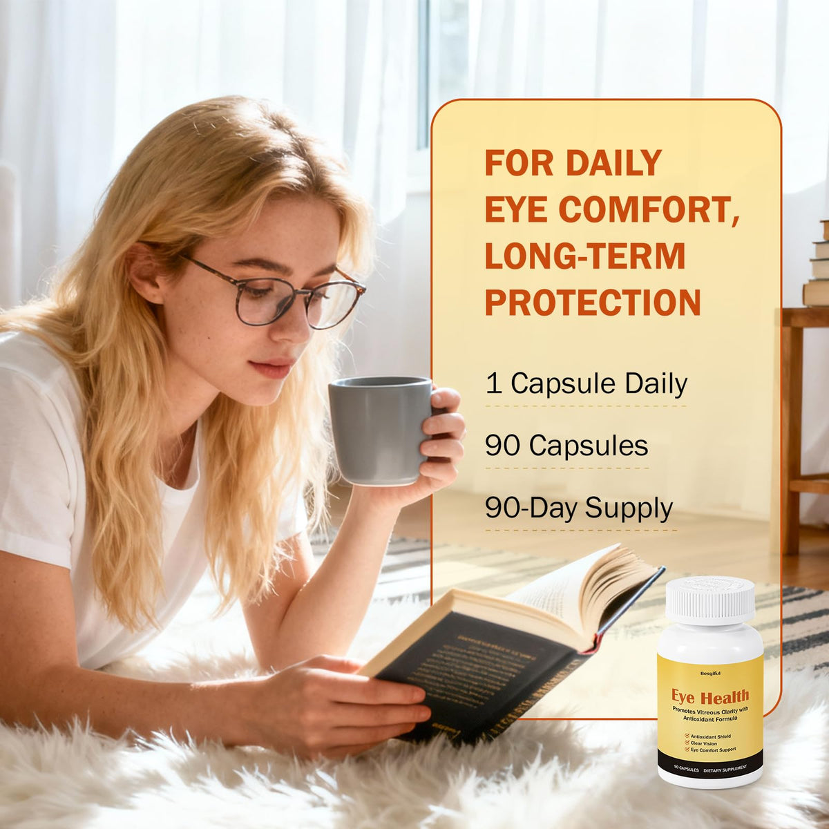 Besgiful Eye Supplement for Vitreous Health, Promotes Clear Vision, Improves Eye Strain & Dryness, Reduces Squiggly Lines, Eye Degeneration, Clear Eye Support, 90 Vegan Capsules