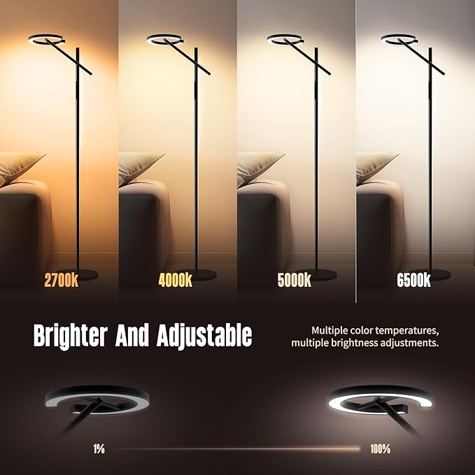 GLOWRIUM-H1B Light Therapy Lamp 12000 Lux, LED UV-Free Sun Lamp, Full Spectrum Happy Natural Mood Therapy, Stepless Dimmable Modern Sunlight Floor Light with Remote and Timer