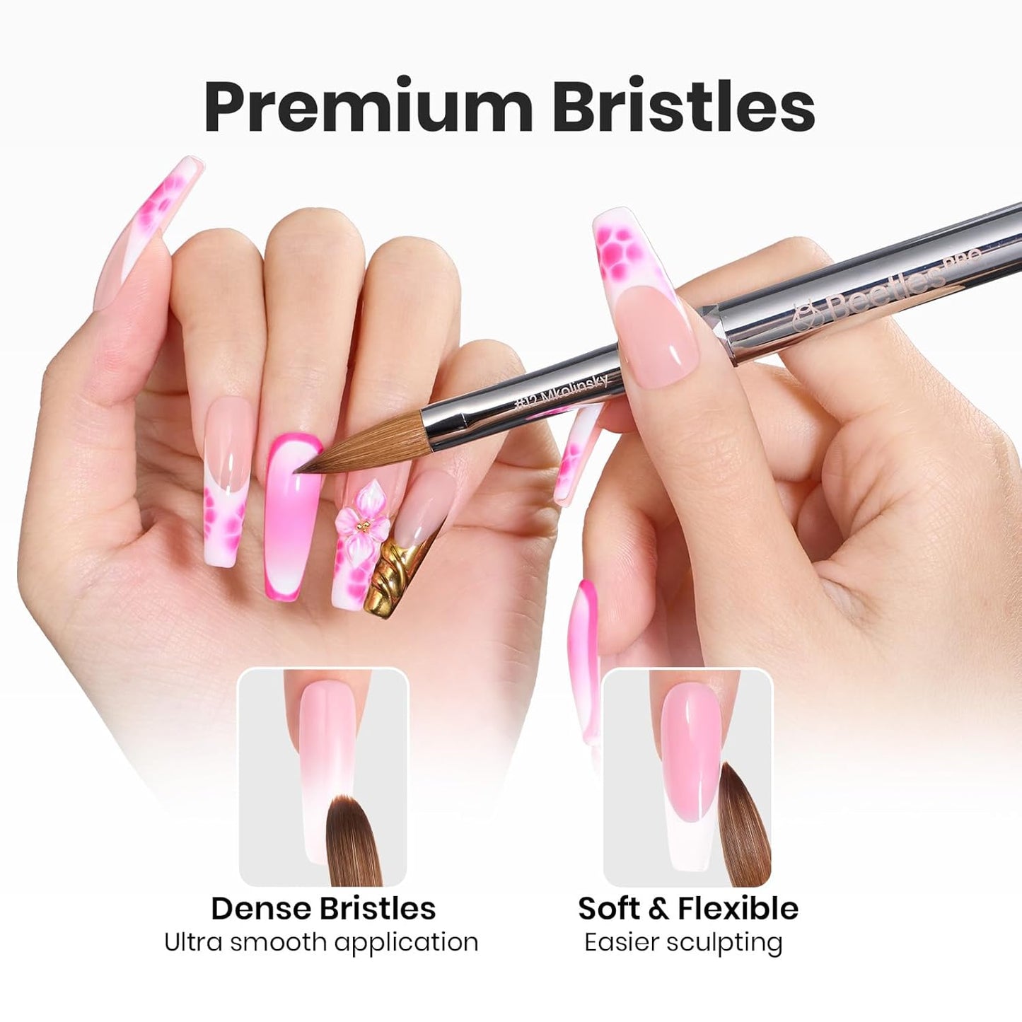Beetles Pro 1-Pcs Acrylic Nail Brush – Professional Pure Bristles Kolinsky Acrylic Brushes for Nails Metallic Nail Art Brushes for Nails Extension Gel, 3D Carving – Salon Quality Manicure Tool (12#)