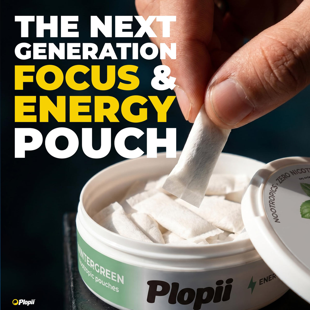 Plopii Caffeine Focus & Energy Nootropic Pouches | Alpha GPC, L-Theanine, L-Tyrosine, Ginseng, Vitamin B6 + B12 | No Jitters, No Crash | Tobacco-Free, Nicotine-Free (Wintergreen)