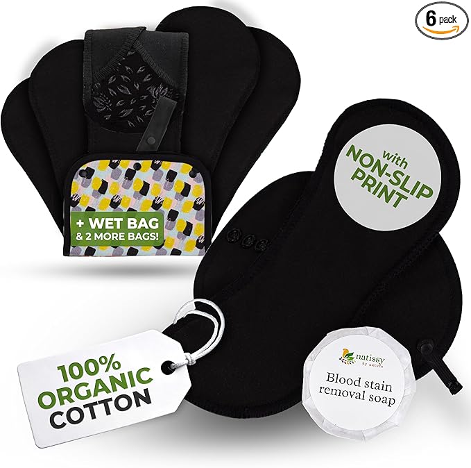 Non-Slip Organic Reusable Period Pads for Heavy Flow & Incontinence (L+XL, 6-Pack); High-Temp Cotton Washable Cloth Pads for Women; Non-Irritating, Soft Reusable Pad Menstrual for Comfortable Care