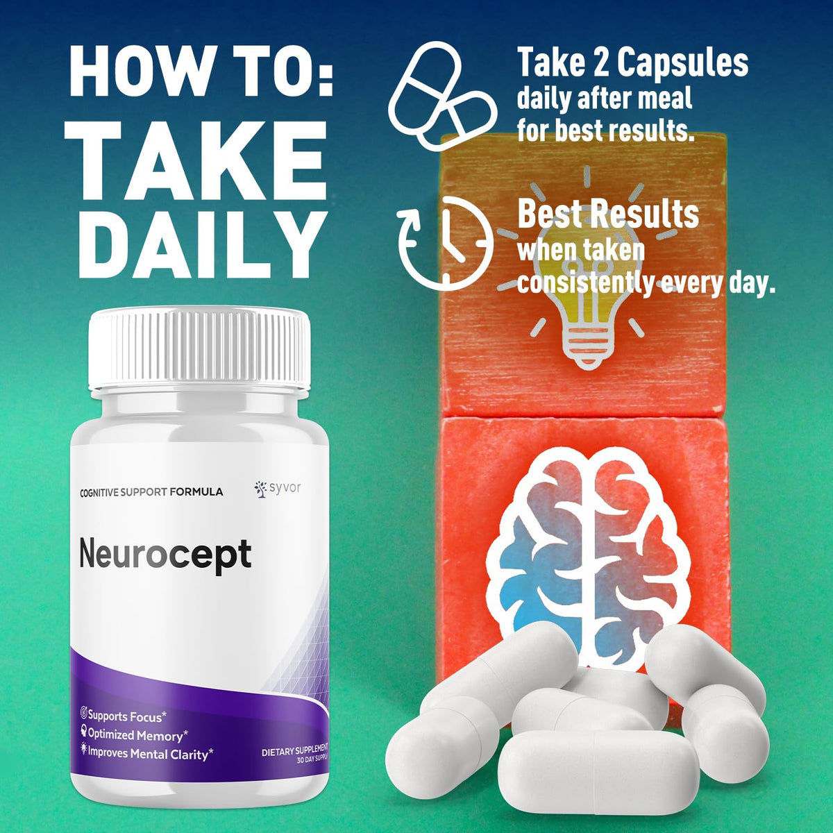 (5 Pack) Neurocept Capsules, Official Neurocept Brain Supplement Pills with All Natural Ingredients, Advanced Formula Support Pills with Max Strength Premium Vitamins for Women & Men (300 Capsules)