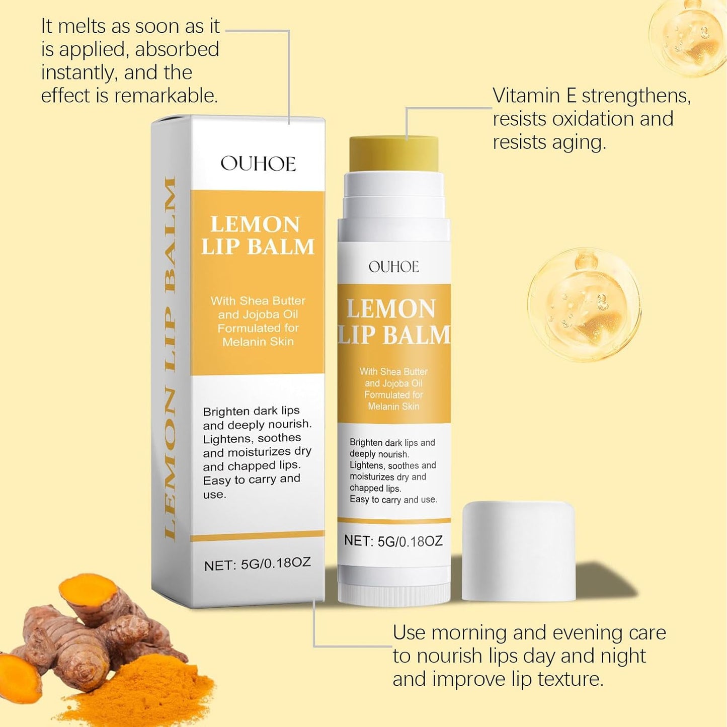 Lemon Lip Balm,Vitamin C Lip Moisturizing Balm for Dark Lips—Prevents Dry,Reduces Lip Lines,Organic Turmeric Lip Balm—Lip Exfoliator Scrub for Lip Softening & Hydration (2Pcs)