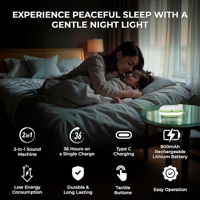 White Noise Machine | Portable Serenity Sound Machine with 20 Relaxing Sounds & RGB LED Night Lights | Compact Sleep Noise Machine for Sleep Aid and Relaxation with Adjustable Timer and Volume