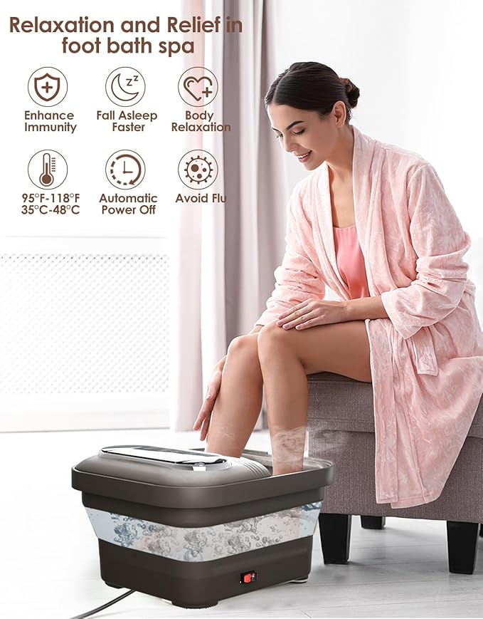 Collapsible Foot Spa with Heat, Bubble and Temp Control, Foot Bath Massager with XL Touch Screen and Massage Rollers, Foot Soaking Tub, Pedicure Foot spa for Stress Relief (Dark Grey)