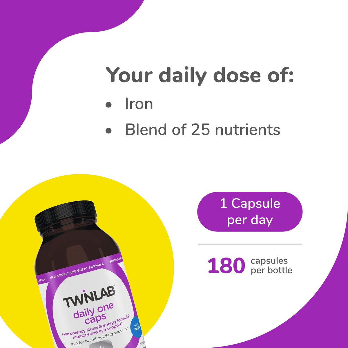 Twinlab Daily One Caps with Iron - Nutritional Supplement with Iron, Zinc, B Vitamins, and More - 180 Capsules