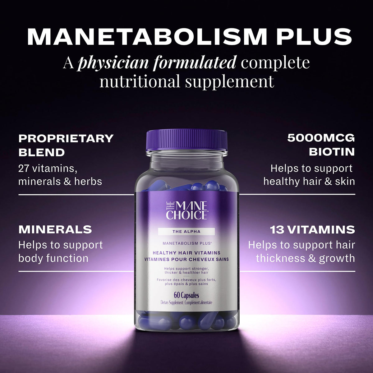 The Mane Choice MANETABOLISM Plus Healthy Hair Growth Vitamins - Supplements for Longer, Thicker, Healthier Hair - Hair Skin & Nails Vitamins for Women & Men (60 Capsules) Packaging May Vary