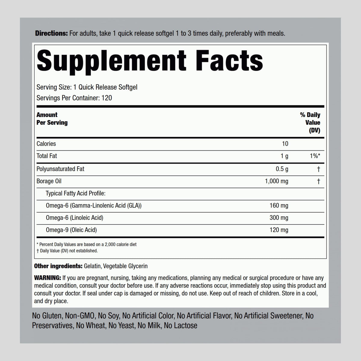 Piping Rock Borage Oil Supplement 1000mg | 120 Softgel Capsules | Omega 3 6 9 | Cold Pressed and Hexane Free | Non-GMO, Gluten Free
