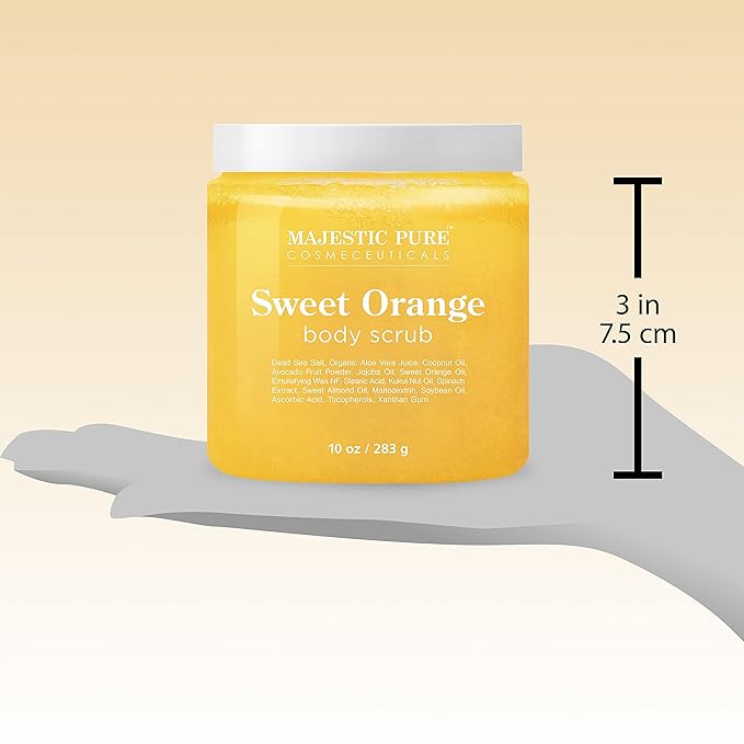Majestic Pure Sweet Orange Body Scrub for All Natural Skin Care - Exfoliating Multi Purpose Body and Facial Scrub Moisturizes and Nourishes Face and Skin - 10 oz - Great Gift for Her