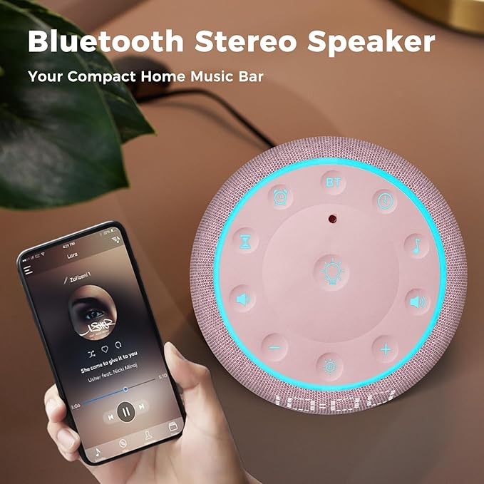 White Noise Machine Alarm Clock for Bedrooms - 5W Stereo Bluetooth Speaker - 24 Soothing Sounds - 9 Night Lights - Auto-Dimmable Digital Alarm Clock Sound Machine for Sleeping