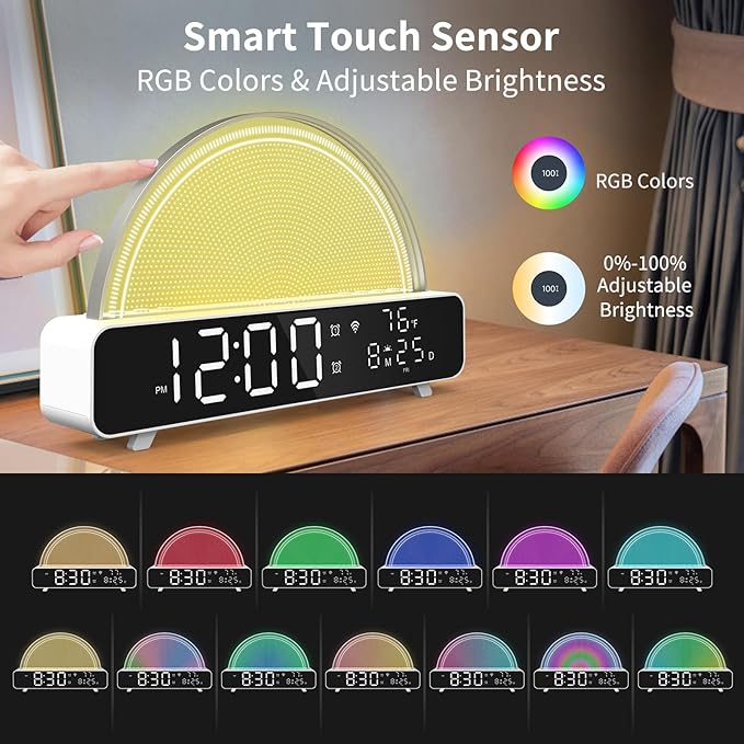 zerain Sound Machine Sunrise Alarm Clock,Gentle Wake Up Light,Toddler Sleep Trainer,White Noise Soother,Custom Sleep Program Auto Brightness Adjustment,Smart Light 99 Color (White)