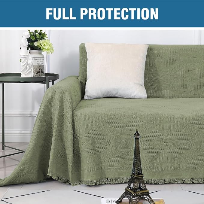 H.VERSAILTEX Cotton Sofa Covers Couch Cover Sofa Slipcover for Most Shape Sofas, Feature Thick Woven Jacquard Seamless with Tassels, Multi-Use Decorative for Couch (XX-Large: 91" x 134", Sage)