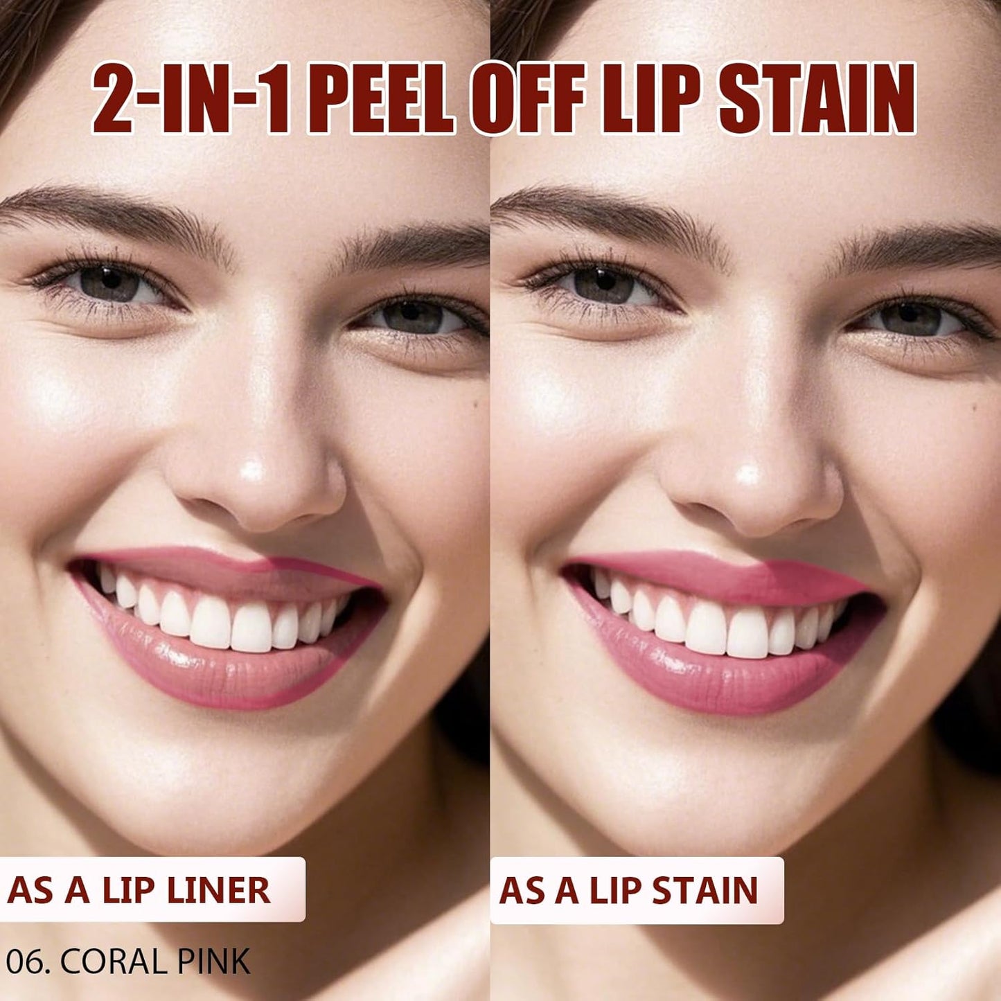 Lip Liner Stain Peel Off with Tweezer, Long Lasting Matte Lip Tattoo, Highly Pigmented Color Lip Makeup, Waterproof, Transfer-proof Lipstain for Women, for All Skin Types CORAL PINK