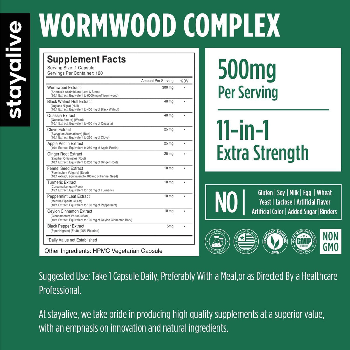 STAY ALIVE Wormwood Black Walnut Clove Cleanse Extract, 11-in-1 Extra Strength Complex, 120 Pills, Herbal Supplement for Adults, Vegan, Non-GMO & Gluten Free Sweet Wormwood Capsules