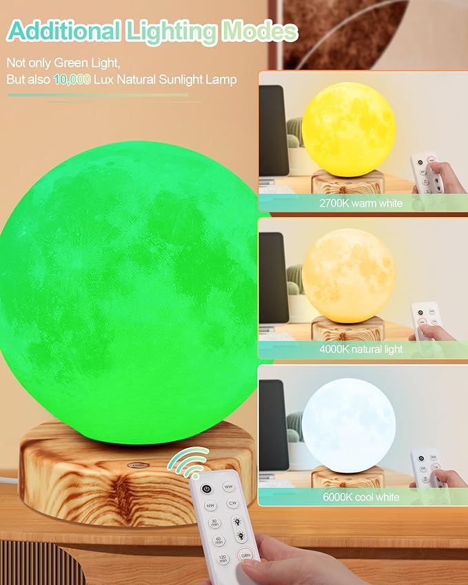 Green Light Therapy Lamp for Migraines Headaches Insomnia Sleep Light Sensitivity Anxiety Relief 520nm Narrow Band Green LED Multi-Mode Warm Natural Cold White Light Desk Lamp Remote Charging Port