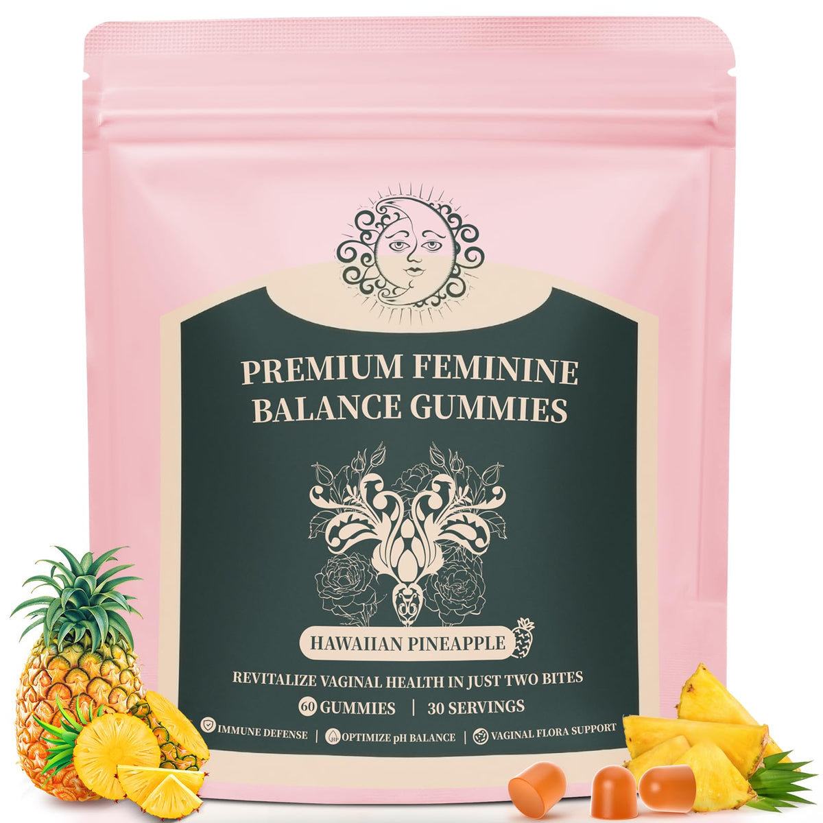 Mosslly Feminine Balance Gummies for Women - Premium Balance Supplement for Women PH Health, Gut Healthy, Immune Support, Hawaiian Pineapple Flavor, 60 Gummies