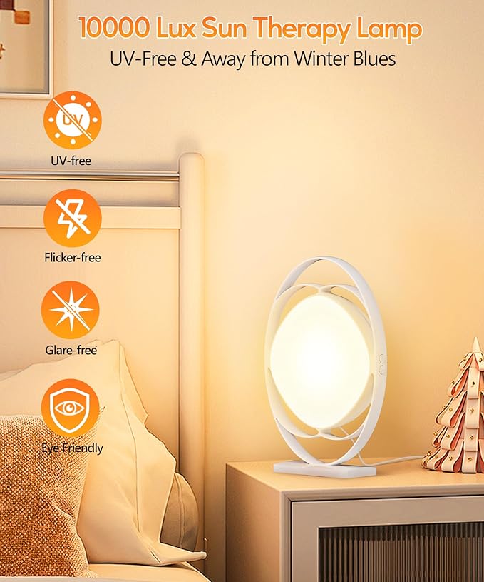 HIBOITEC Light Therapy Lamp - 10000 Lux UV-Free Sun Light With 3 Color Temperature, 5 Adjustable Brightness, Timer & Memory Function - Happy Mood Light for Office Home, White