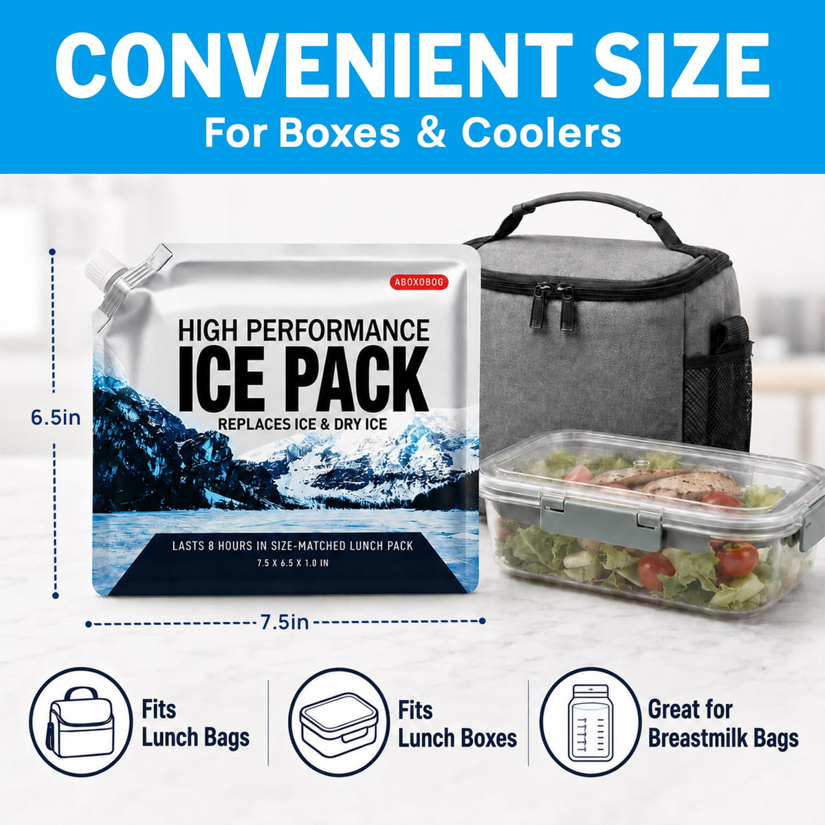 ABOXOBOG Reusable Ice Packs for Lunch Box Long Lasting Slim Gel Freezer Packs for Cooler Bag Cooler Backpack, Keeps Food Cold Fresh for Work & School & Travel(6.5"x7.5"x4P)