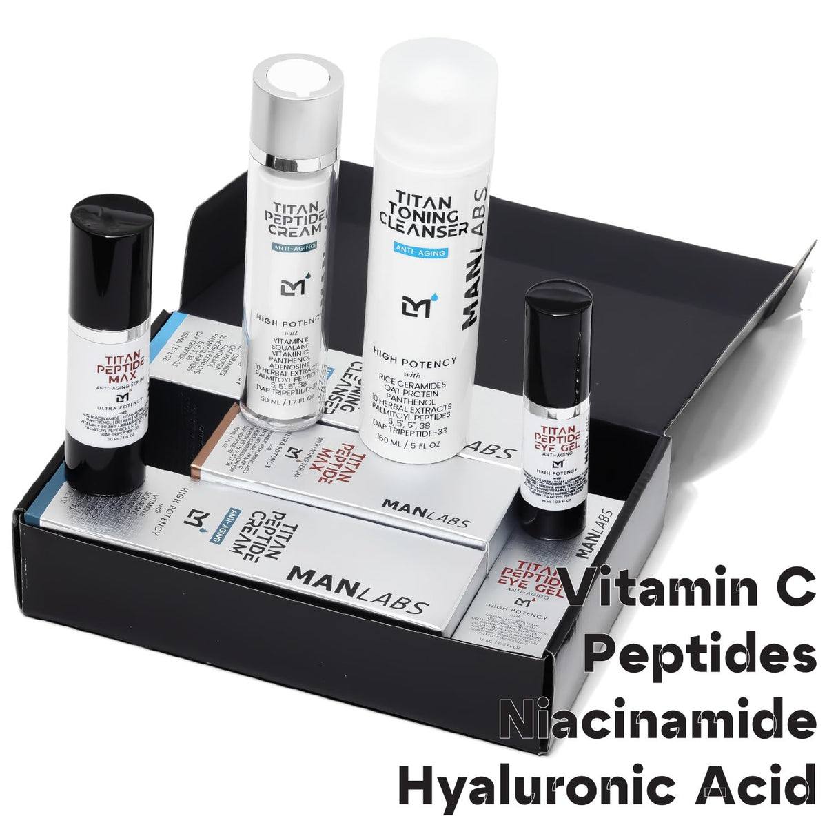 Titan Oscar Anti-Aging Mens Skin Care Kit – Wash, Face Serum, Eye Cream, Mens Face Moisturizer – Men, Skin Care Set – Dark Circles, Wrinkles, Fine Lines – Vitamin C, Peptides, Niacinamide, HA