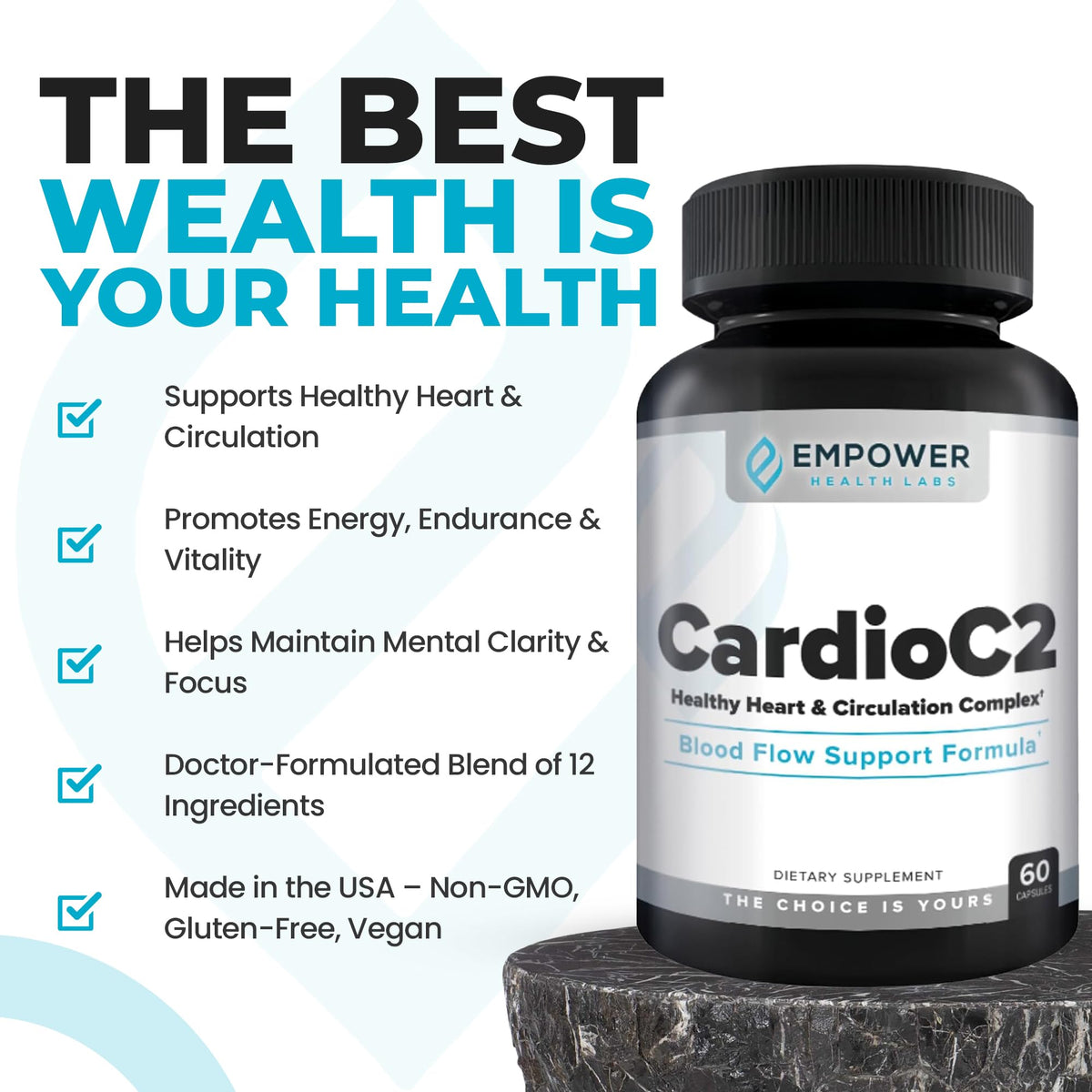 Empower Health Labs CardioC2 Circulation & Energy Support – Doctor-Formulated Blend with Beet Root, Black Garlic, Hawthorn & CoQ10 – Supports Healthy Blood Flow, Energy & Clarity – 60 Capsules