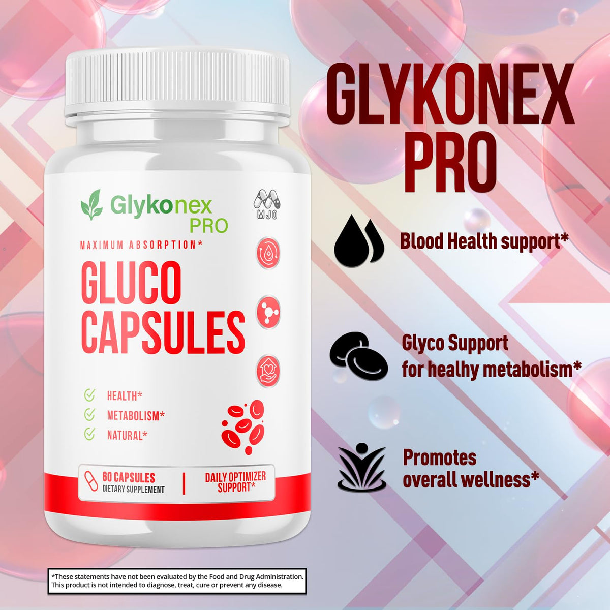 Gluco Capsules, Official Glykonex Pro Gluco Pills with All Natural Ingredients, Maximum Strength Glykonix Supplement Premium Vitamins Supporting Optimal Wellness and Health Naturally (60 Capsules)