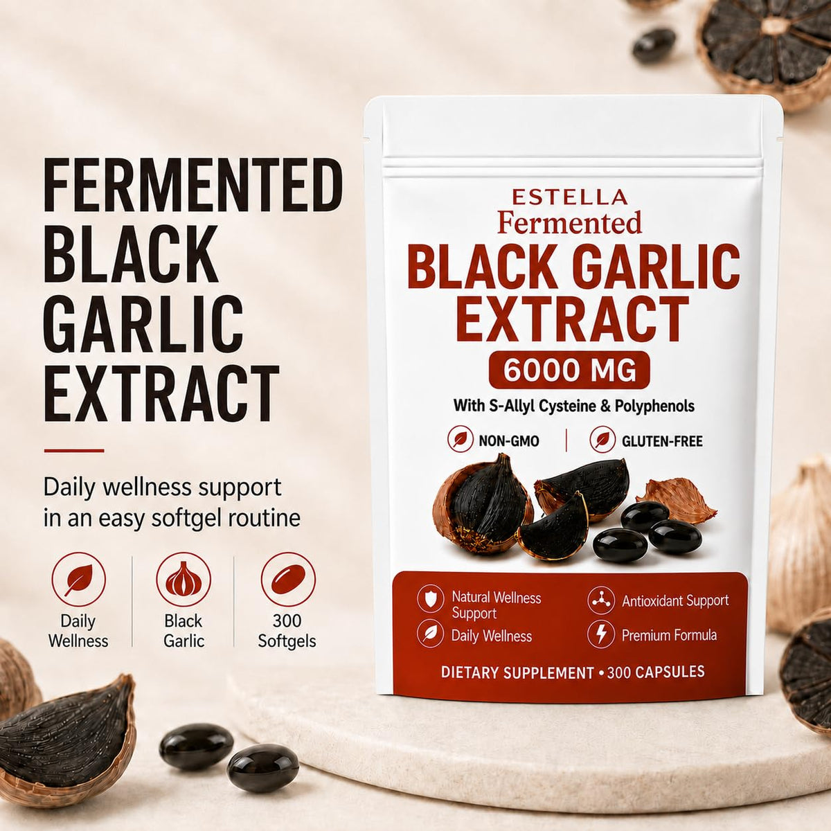 BYDNES LABS Estella Lanural Fermented Black Garlic Extract, Odorless Black Garlic Capsules, Vegan, Non-GMO, Gluten-Free, 300 Capsules