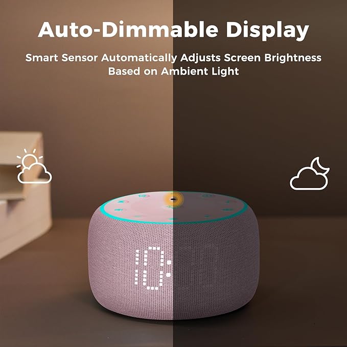 White Noise Machine Alarm Clock for Bedrooms - 5W Stereo Bluetooth Speaker - 24 Soothing Sounds - 9 Night Lights - Auto-Dimmable Digital Alarm Clock Sound Machine for Sleeping