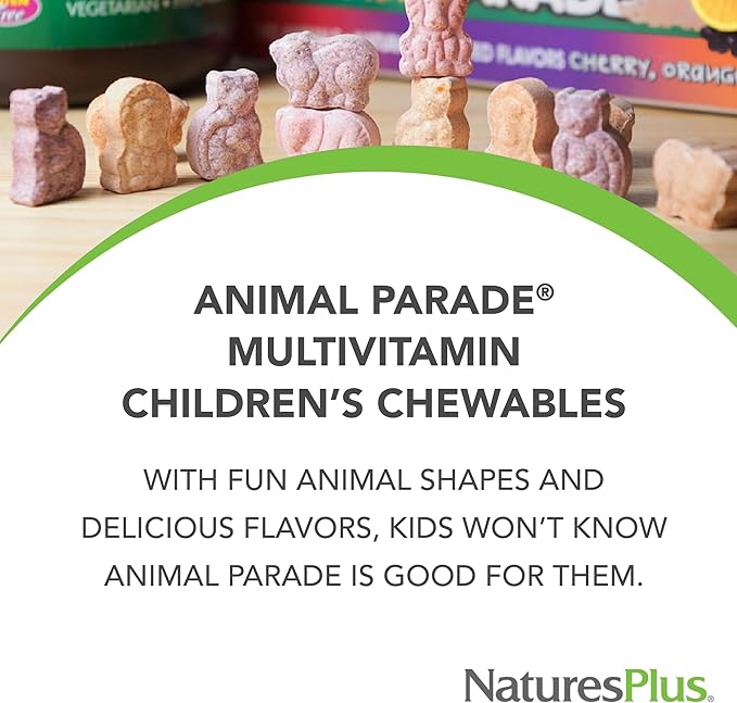 NaturesPlus Animal Parade Children's Chewable Multivitamin - Grape Flavor - 180 Animal-Shaped Tablets - Promotes Health & Well-Being - Vegetarian, Gluten Free - 90 Servings