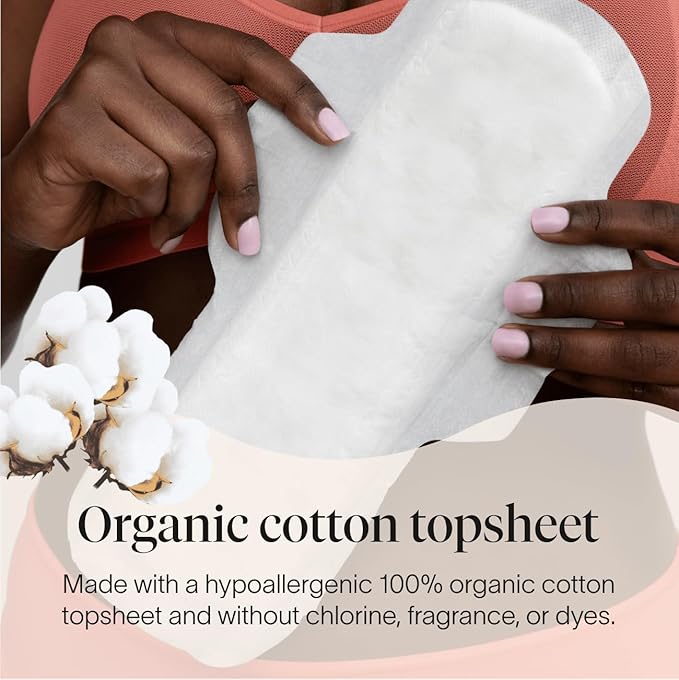Cora 100% Organic Cotton Topsheet Maxi Pads | Maxi Period Pads with Wings | Maxi Overnight Absorbency | Unscented, Comfortable, Powerfully Absorbent, Leak Protection (24 Count)