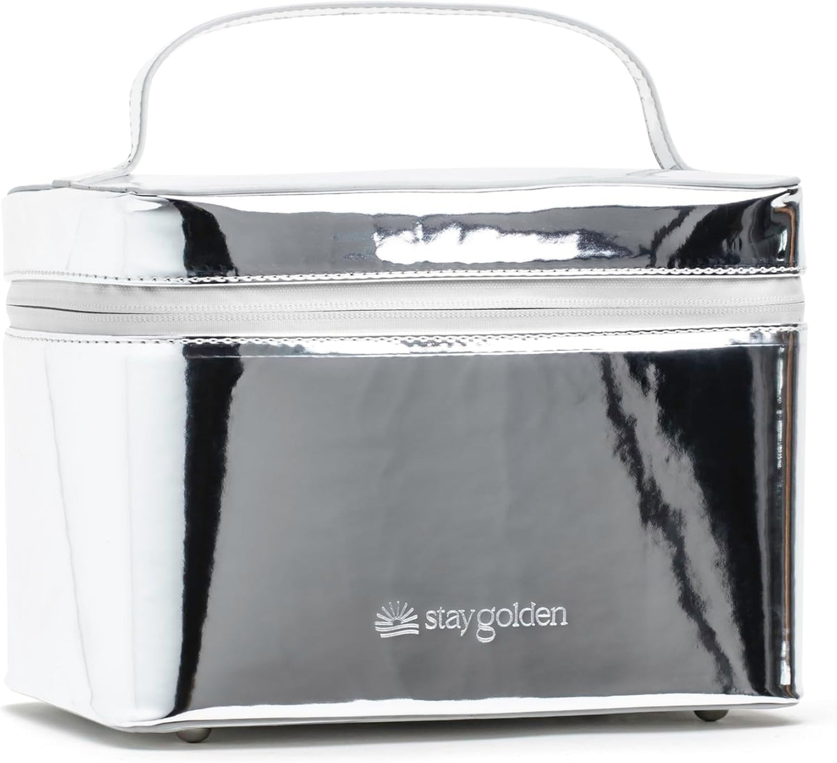 Large Insulated Metallic Silver Travel Makeup Case - Waterproof Vegan Leather Beauty Travel Skincare Bag - Heat-Resistant Zippered Designer Makeup Bag Shields Cosmetics from Melting, Freezing