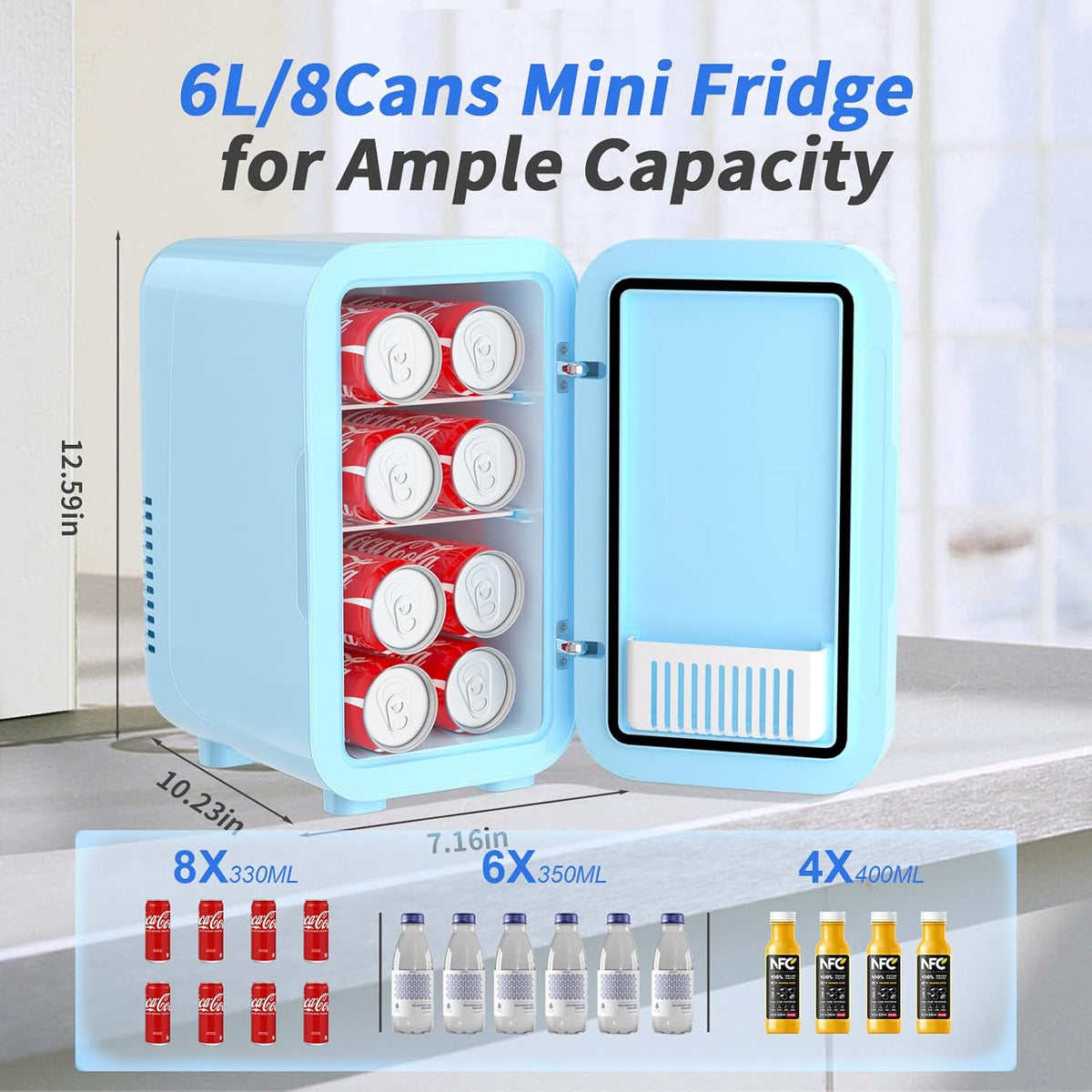 YASHE Mini Fridge, 6 Liter/8 Can 110V AC/DC Portable Thermoelectric Cooler Refrigerators for Bedroom, Skincare, Beverage, Office, Dorm Room and Car, Blue