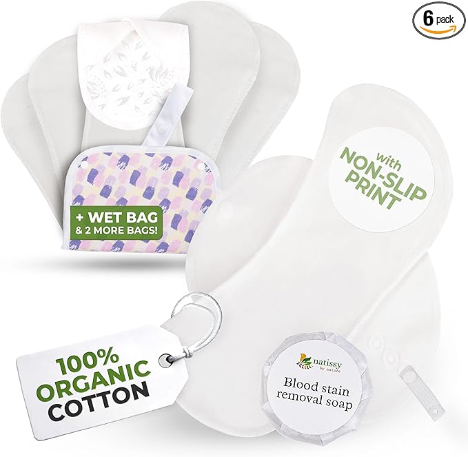 Non-Slip Organic Reusable Period Pads for Heavy Flow & Incontinence (L+XL, 6-Pack); High-Temp Cotton Washable Cloth Pads for Women; Non-Irritating, Soft Reusable Pad Menstrual for Comfortable Care